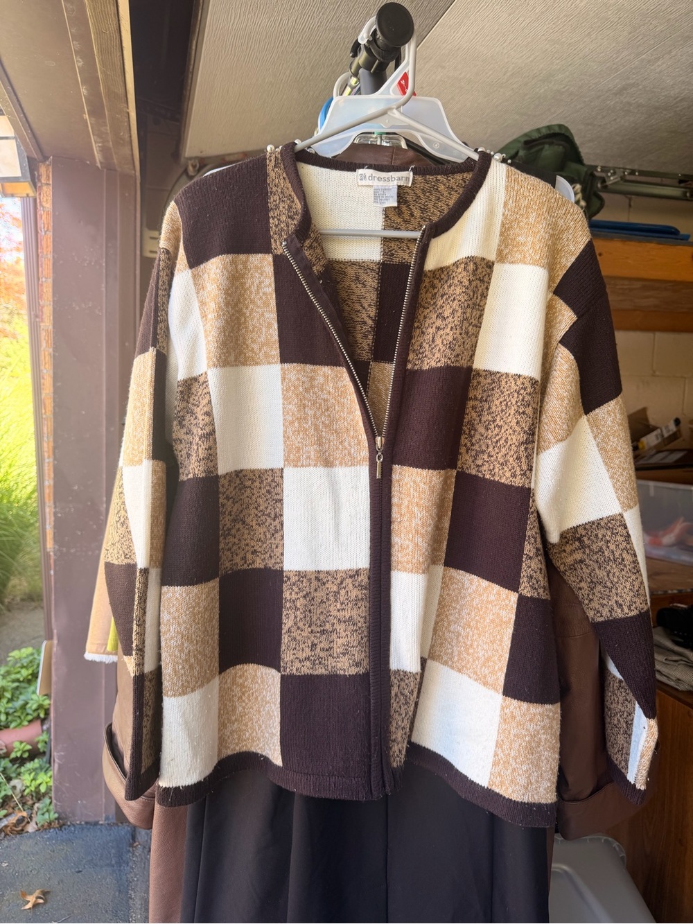 dressbarn Brown Cream Check Zip-Up Cardigan Sweater